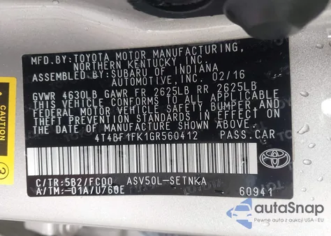 2016 Toyota Camry Le из США, поврежденный, VIN 4T4BF1FK1GR560412